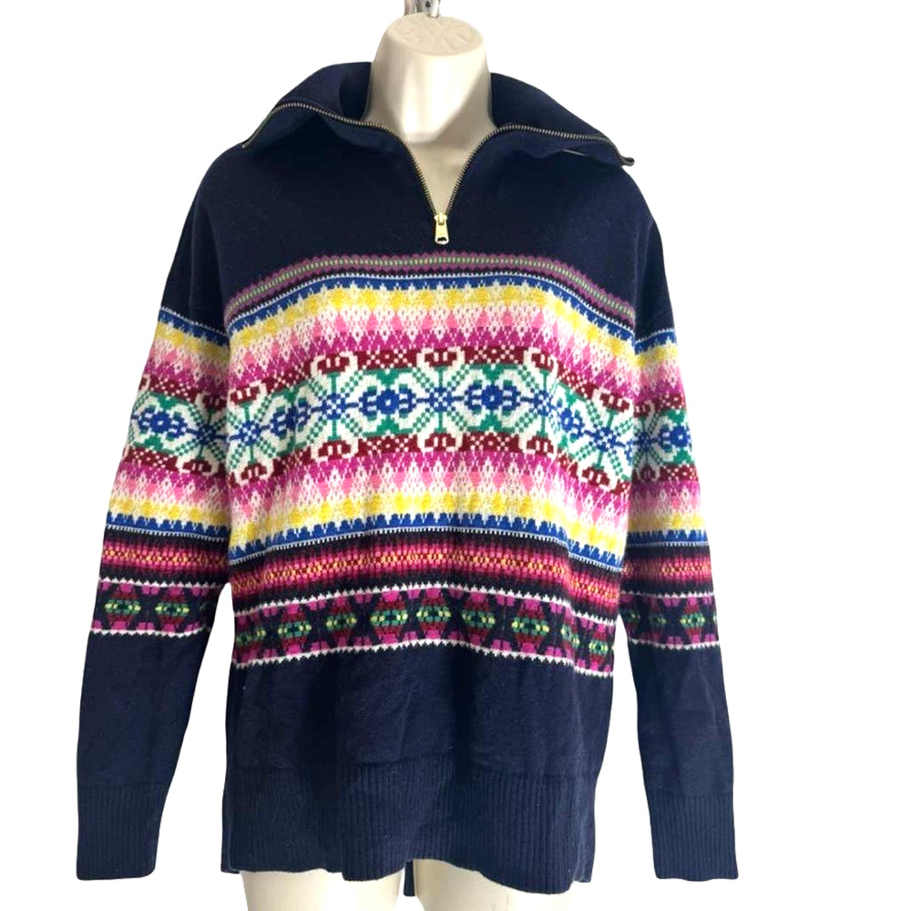 Talbots Fair Isle Womens Navy Lambs Wool 1/4 Zip Long Sleeve Sweater sz Small